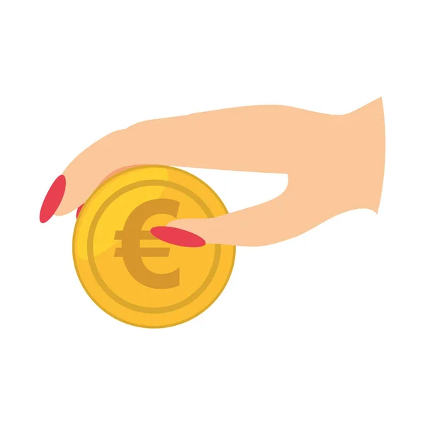 Mano humana con moneda euro icono aislado — Vector de stock