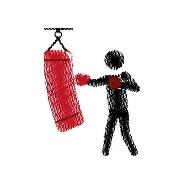 Drawing colored silhouette boxer trainer punching bag — Stock Vector