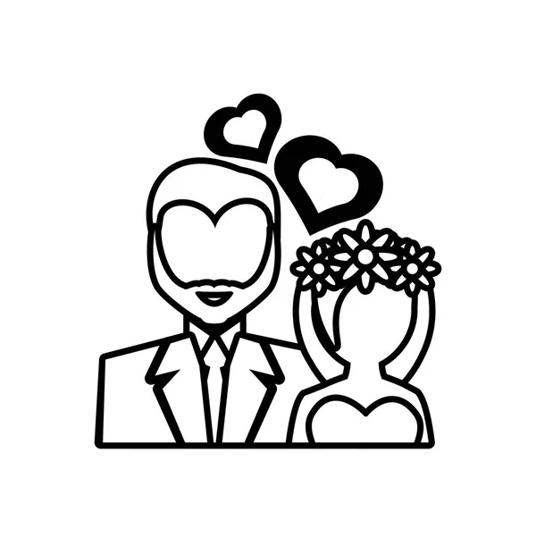 Pictogram bruid en bruidegom bruiloft hart ontwerp — Stockvector