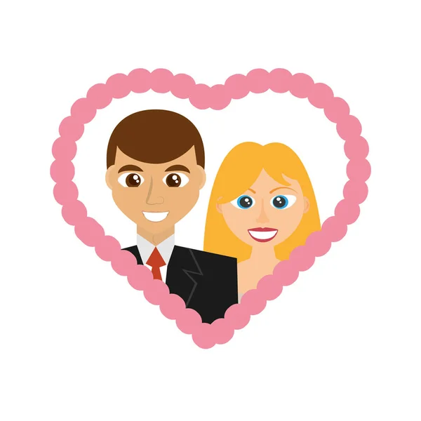 Dibujos animados boda pareja sonriente marco corazón diseño — Vector de stock