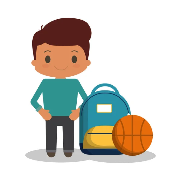 Dessin animé garçon étudiant bleu sac ballon basket — Image vectorielle