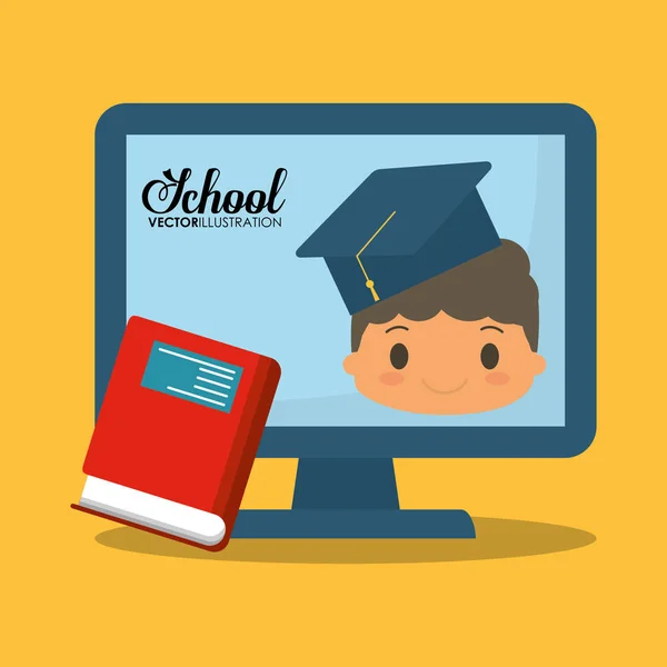 Cartoon jongen rood boek computer school — Stockvector