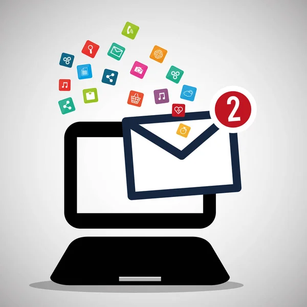 Laptop mensagem e-mail ícones de mídia social — Vetor de Stock
