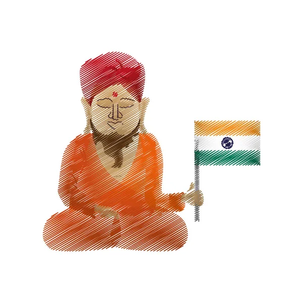 Dessin à la main bouddha coloré assis avec drapeau indien — Image vectorielle