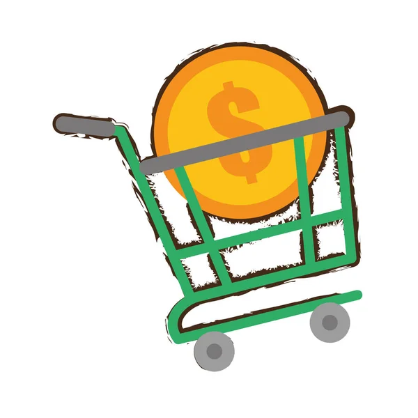 Verde carrito de compras online moneda dólar boceto — Archivo Imágenes Vectoriales