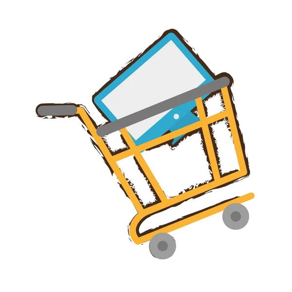 Gula shopping cart online dator skiss — Stock vektor