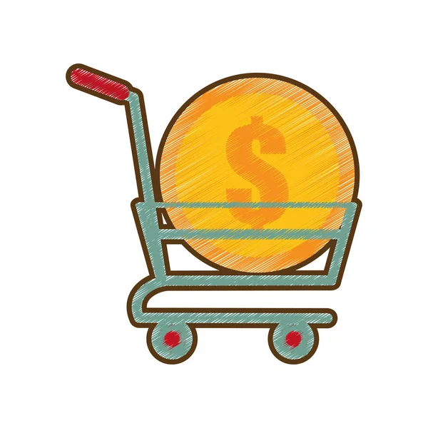 Dibujo carrito de la compra en línea moneda dólar — Vector de stock