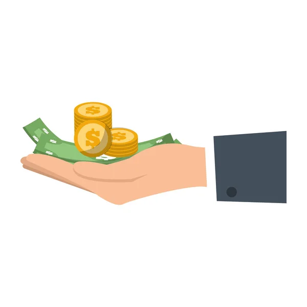 Ręka trzyma bill monet pieniędzy — Wektor stockowy