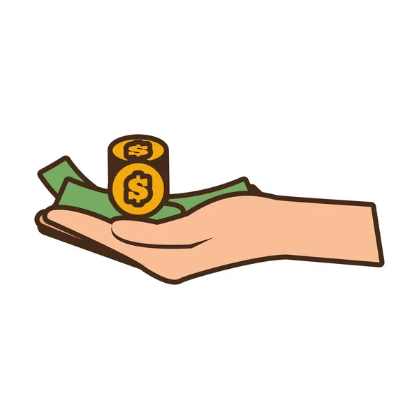 Mano de dibujos animados sostiene el dinero de la moneda factura — Vector de stock
