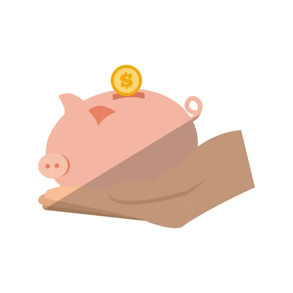 Hand met piggy munten geld besparen platte pictogram — Stockvector