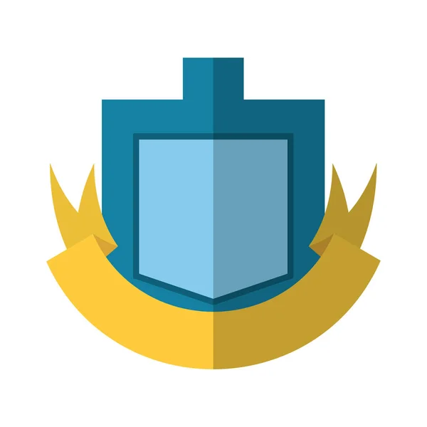 Blauw schild geel lint badge schaduw — Stockvector