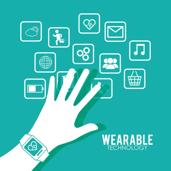 Mano usando reloj inteligente wearable tecnología salud fondo verde — Vector de stock