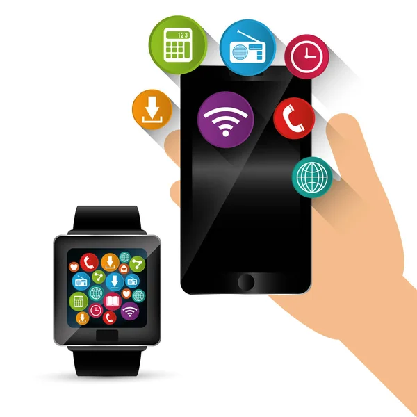 Hand hold smartphone smart watch sharing communication media — Stock Vector
