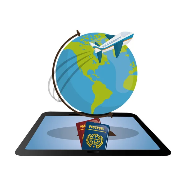 Resa tablett globe flygplan lösenord design — Stock vektor