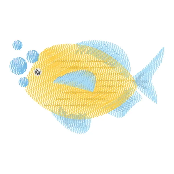 Mão desenho azul e amarelo peixe variedade oceano bolhas — Vetor de Stock