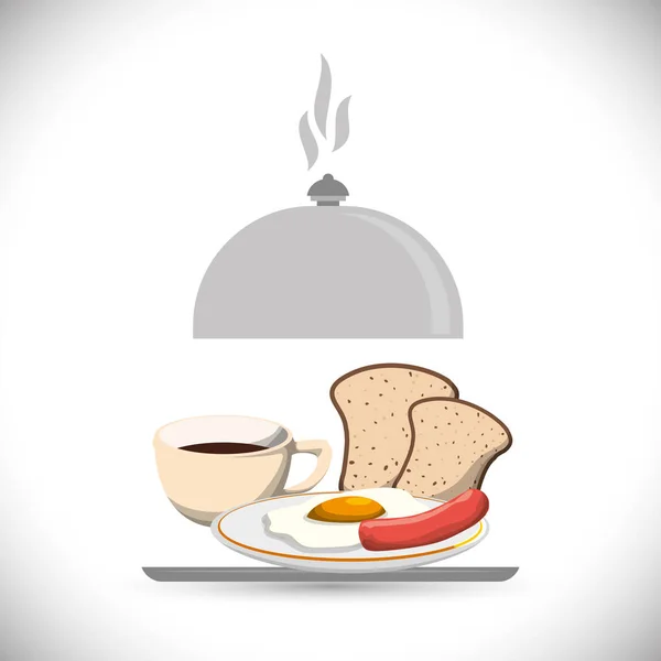 Bandeja café da manhã refeição café frito ovo salsicha pão — Vetor de Stock