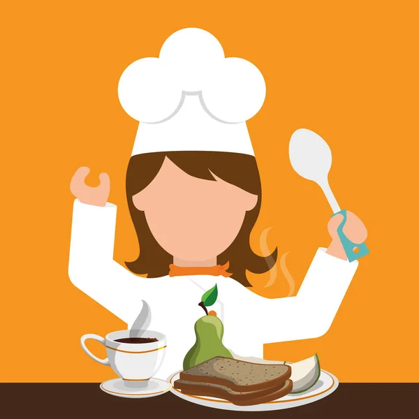 Charakter dívka šéfkuchař snídaně zdravé jídlo lžící — Stockový vektor