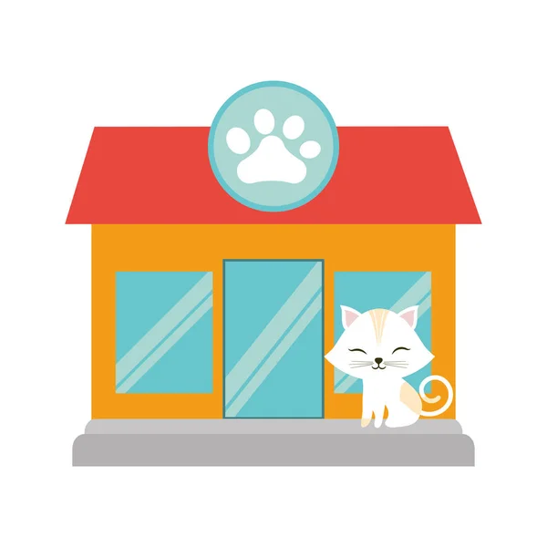 White cat stripes closed eyes pet shop facade paw print — Stock Vector