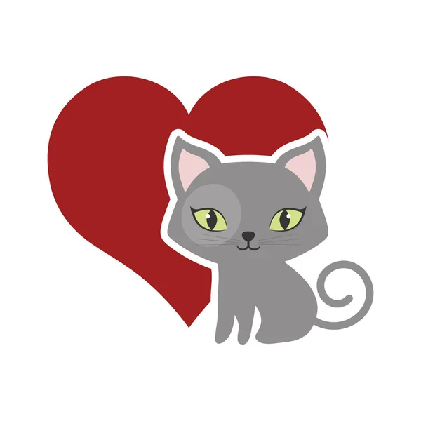 Cat fluffy lovely animal red heart — Stock Vector