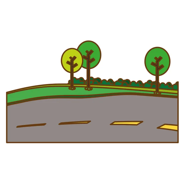 Verharde weg met bomen op de berm pictogramafbeelding — Stockvector