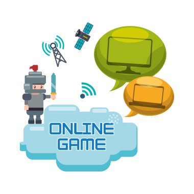 Online Oyunlar kavramı kabarcık konuşma teknoloji uydu karakter