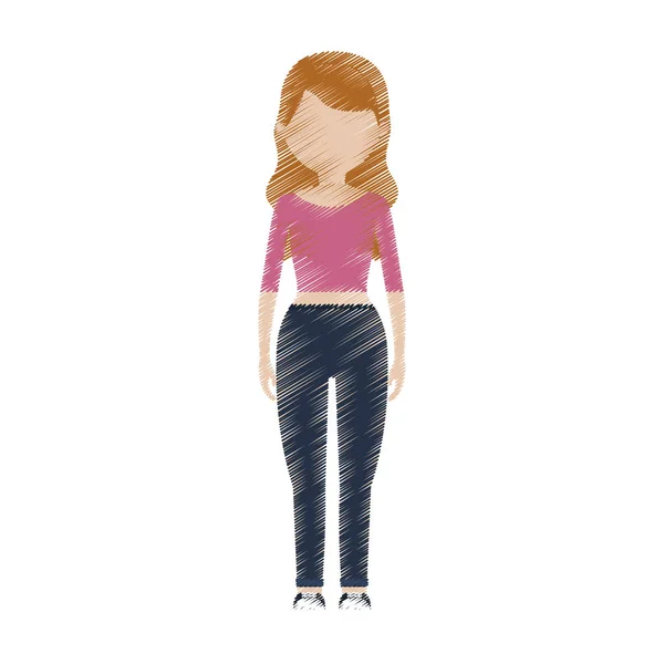 Dibujo mujer avatar camisa rosa jeans — Vector de stock