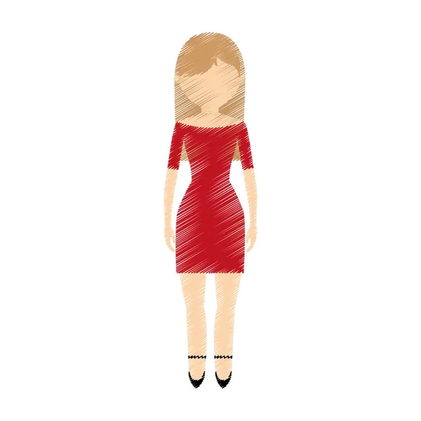 Dibujo avatar mujer vestido rojo y zapatos de tacón alto — Vector de stock