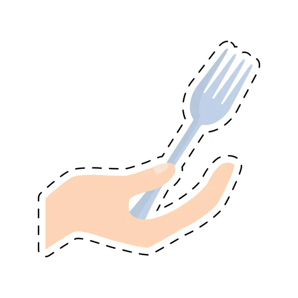 Mão segurando garfo comida utensílio linha de corte — Vetor de Stock