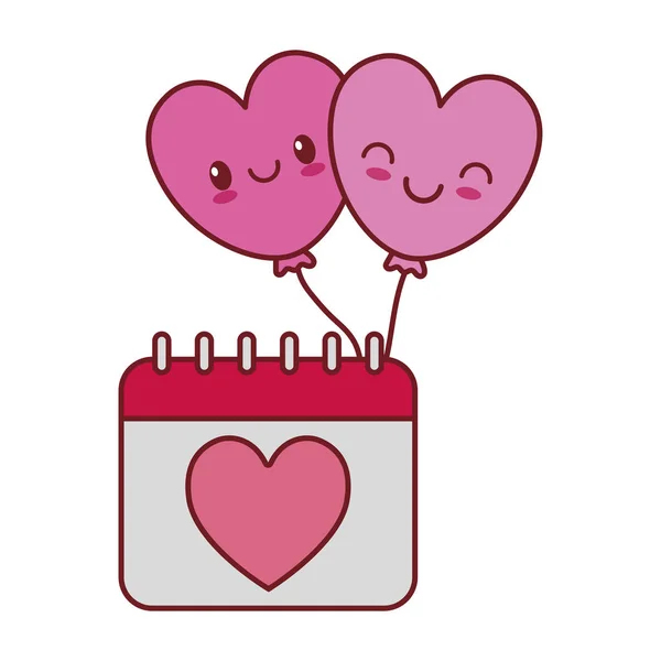 Kawaii liebe kalender herz ballons valentine — Stockvektor