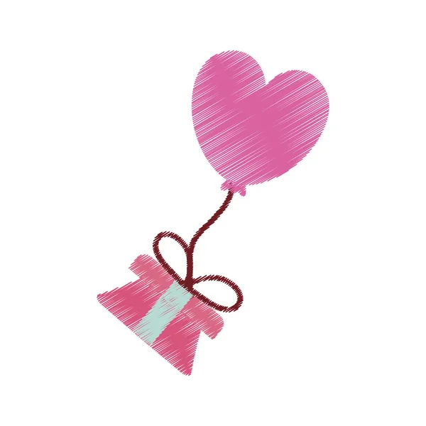 Drawing gift box balloon heart festive valentine flying — Stock Vector
