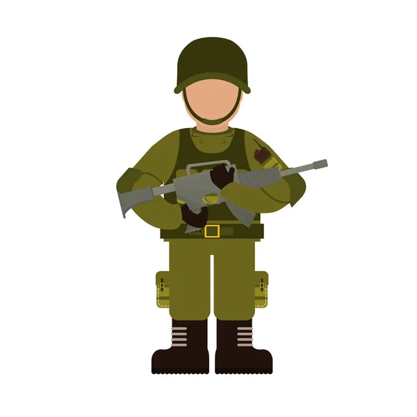 Militar con sus diferentes herramientas de protección y su arma — Vector de stock
