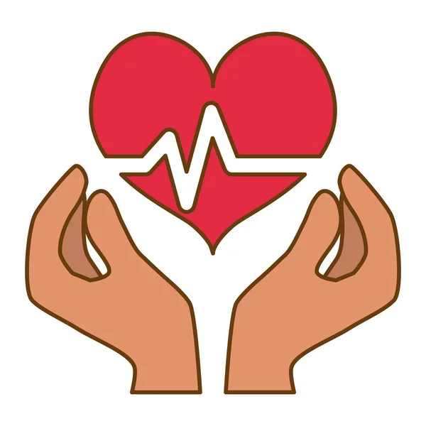 Cardiología del corazón a color con imagen de manos — Vector de stock