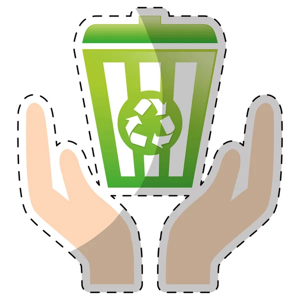 Cesto di riciclo verde lime con mani — Vettoriale Stock