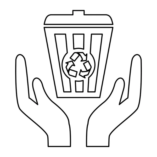 Kontur Recyclingkorb mit Hände-Symbol — Stockvektor