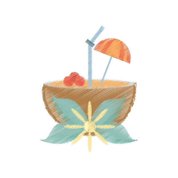 Dibujo coco cóctel paraguas flor de paja — Vector de stock