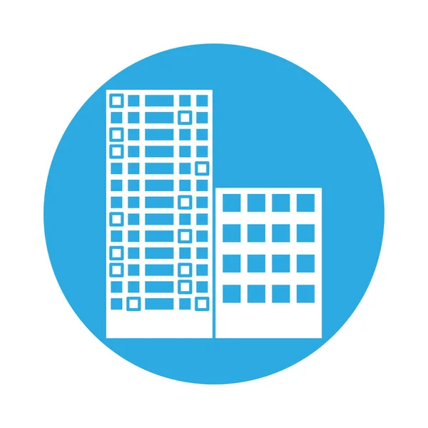 Emblema edifícios e cidade cena linha adesivo — Vetor de Stock