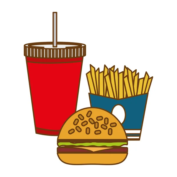 Hambúrguer, batatas fritas e refrigerante fast food — Vetor de Stock