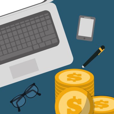 Konsept dizüstü bilgisayar kalem gözlük kazık paralar bankacılık
