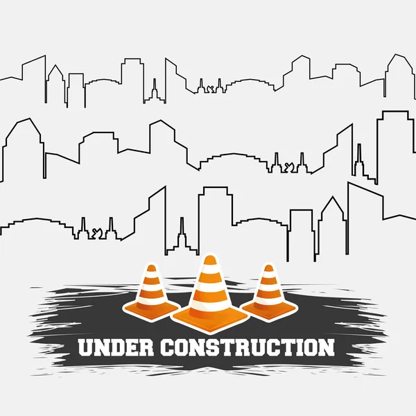 Under construction cones road with building thin line — Stock Vector