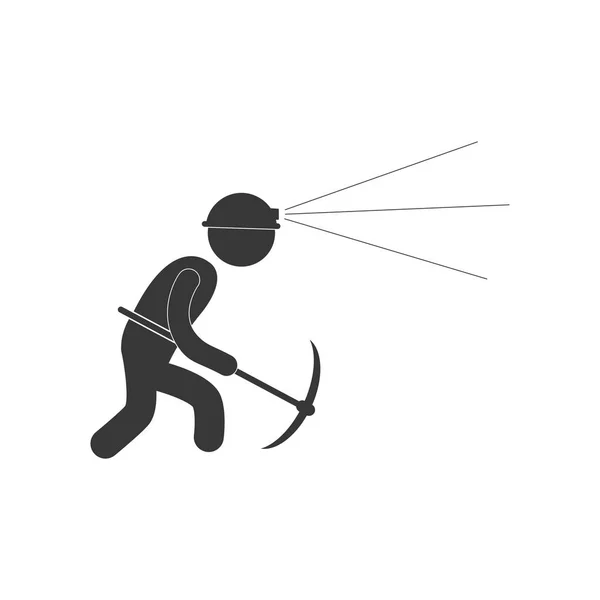 Trabajador minería pico hacha casco figura ligera pictograma — Vector de stock