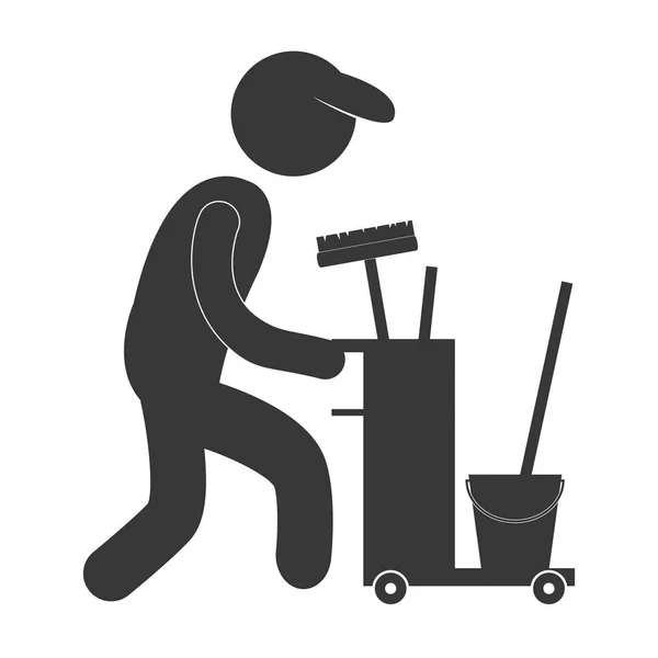 Muž pracovník čištění zařízení postava piktogram — Stockový vektor