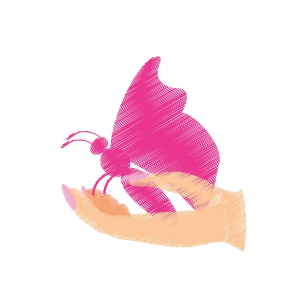 Mariposa rosa en el icono de la mano — Vector de stock