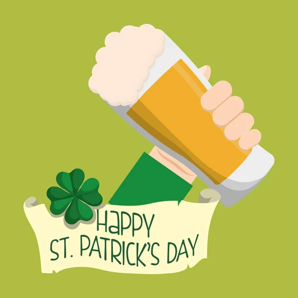 Happy st patricks day hand holding glass beer clover — Stock Vector