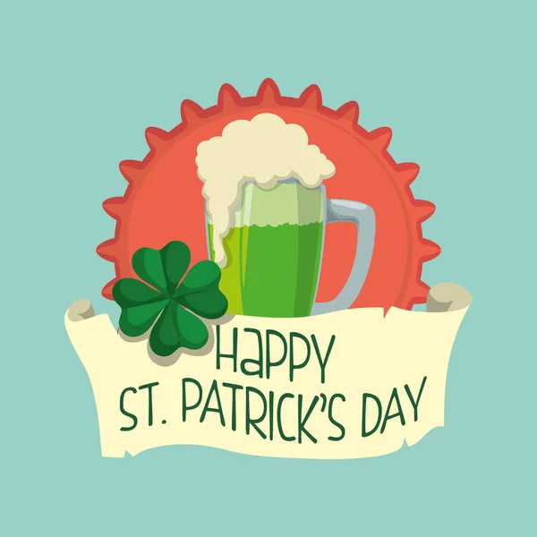 Happy st patricks day glass green beer clover badge — Stock Vector