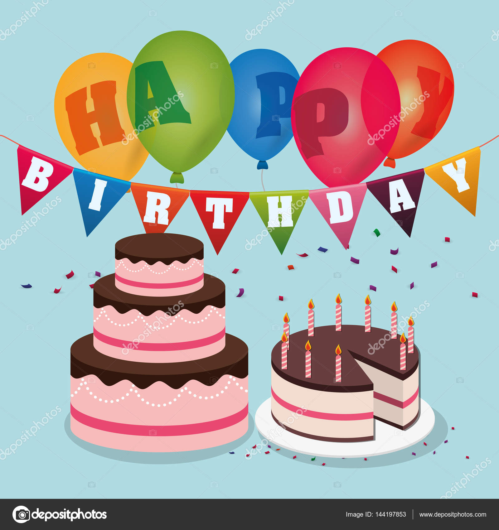 happy birthday cakes balloons garland confetti — Stock Vector © djv