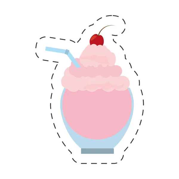 Glass cup ice cream cherry cut line — Stock Vector