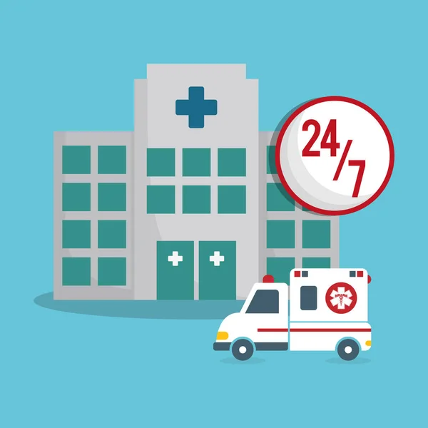Ambulancia clínica edificio emergencia 24-7 — Archivo Imágenes Vectoriales