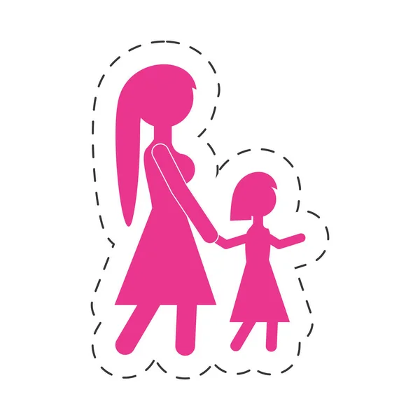 Pink silhouette mom walking daughter — Stock Vector