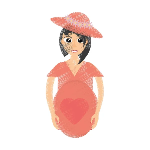 Tekening vrouw met hoed zwangere buik — Stockvector