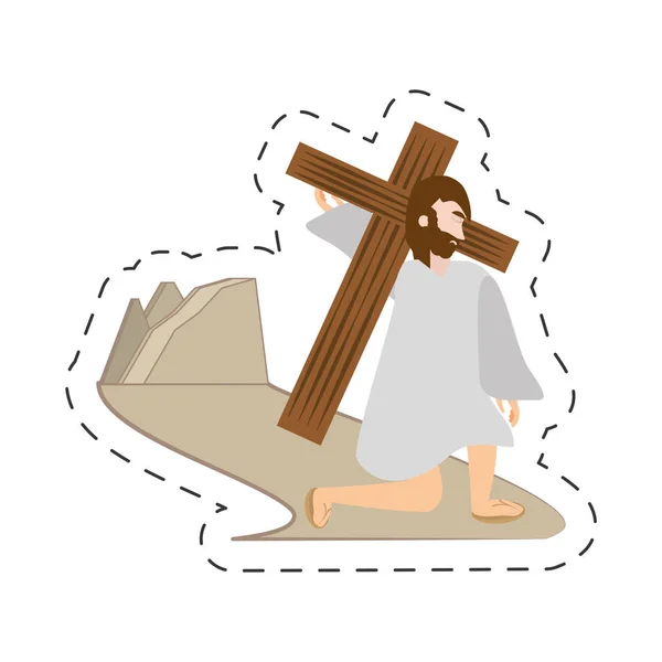Мультфильм Иисус Христос падает первый раз - через крестовую станцию — стоковый вектор